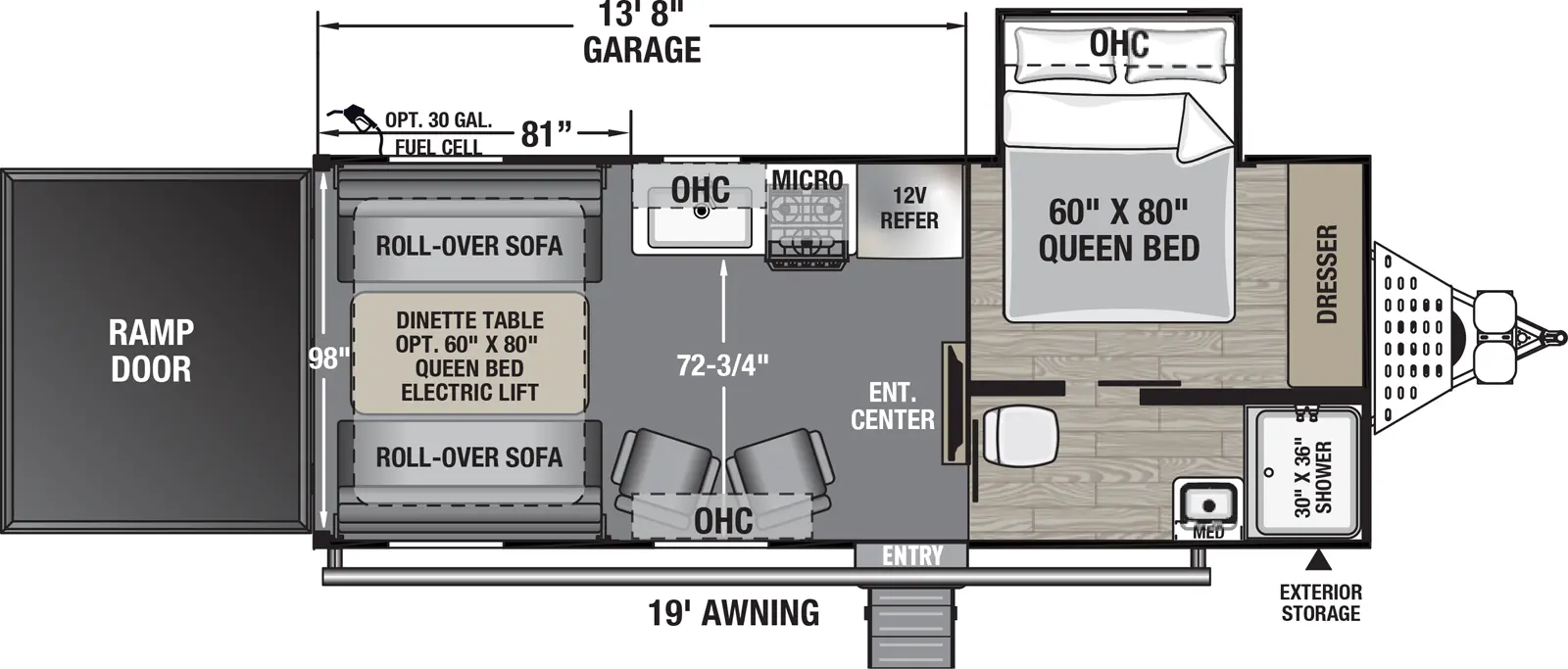 The Adrenaline 21LT floorplan is a toy hauler that has one entry and one slide out. Exterior features include: fiberglass exterior and 19' awning. Interiors features include: front bedroom.